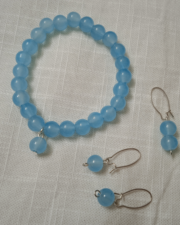 Blue beaded bracelate with ear rings